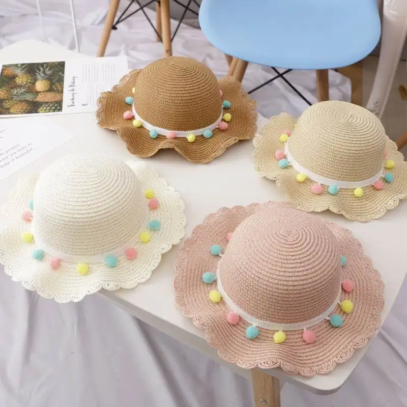 Kids Girls Large Wide Brim Straw Woven Sun Protection Beach Hat Colorful Pompom Ball Summer Floppy Bucket Cap Baby Accessories kids girls large wide brim straw woven sun protection beach hat colorful pompom ball summer floppy bucket cap baby accessories