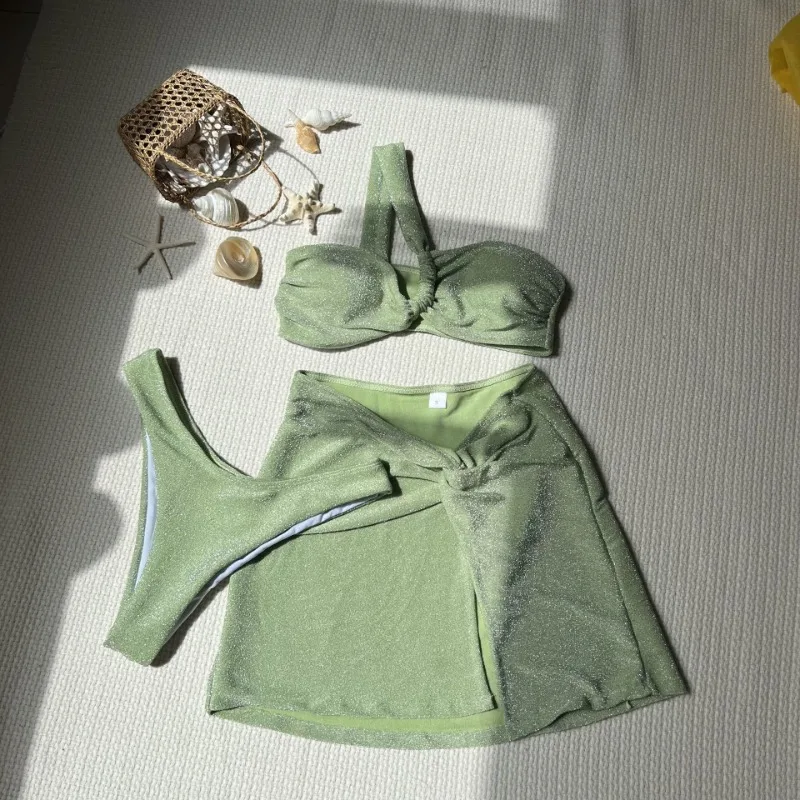 Women's Bikini Sets 3 Piece Bathing Suits One Shoulder Swimsuits with Cover Up Skirt