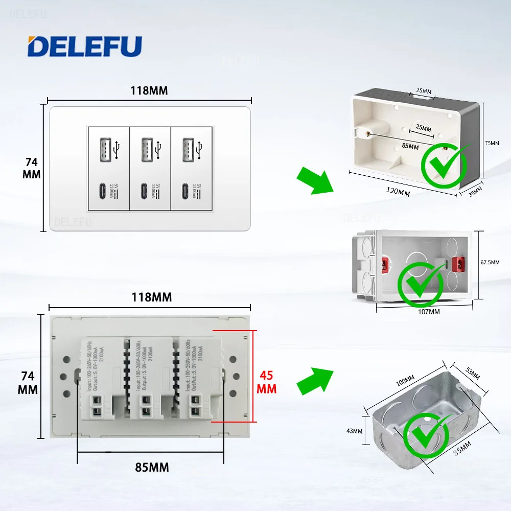 DELEFU 4*2 PC 난연 패널 6 충전 포트 트리플 USB 유형 C 벽 플러그 118*74mm 2.1A 5V 콘센트