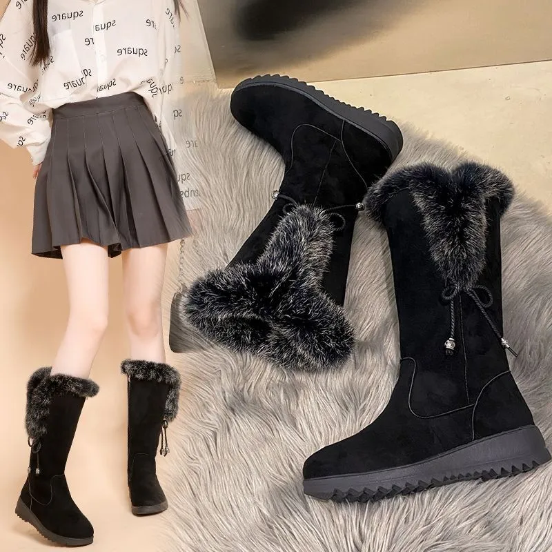 

Cotton Boots Female 2023 Winter New Fashion Suede Snow Boots Women Plush Warm Flat Soled Mid Heel Boots Women