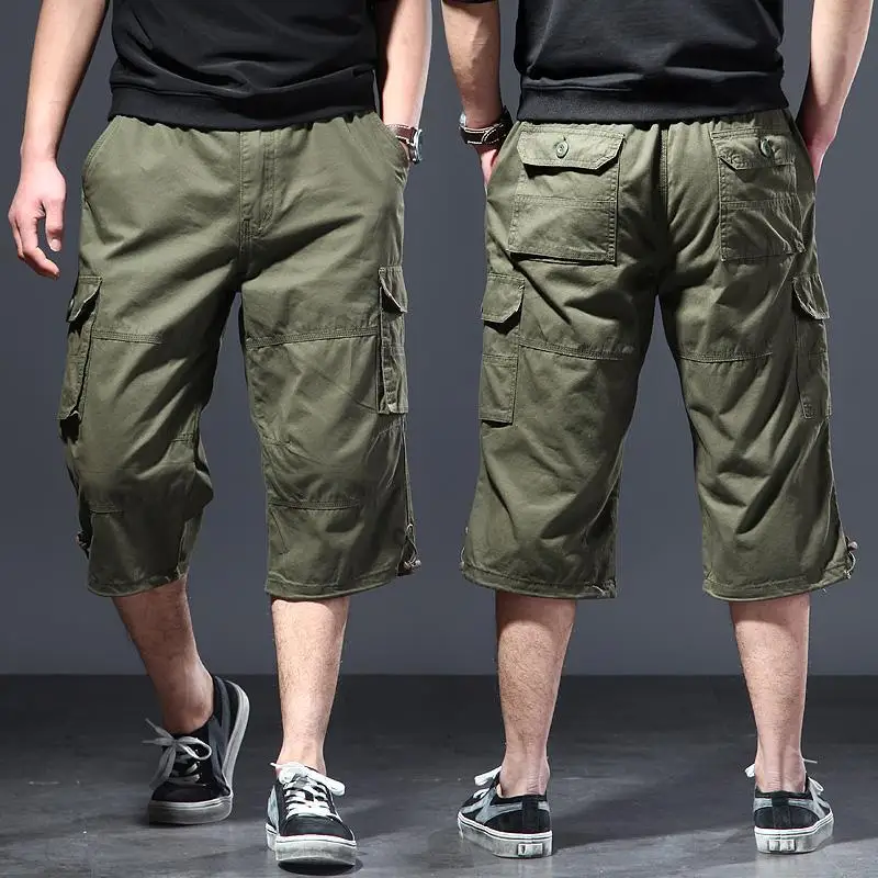 Open Crotch Outdoor Sex Summer Baggy Plus Size Men's Cargo Shorts Casual Elastic Capri Pants Below Knee Long Short with Pockets