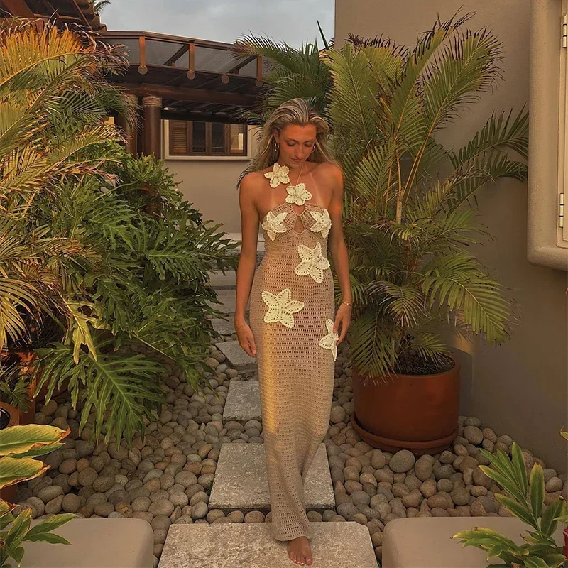 Sexy Knitted 3d Flower Halter Long Dress Women Crochet Hollow Out Sleeveless Blue Maxi Dresses New Lady Beach Vacation Robe
