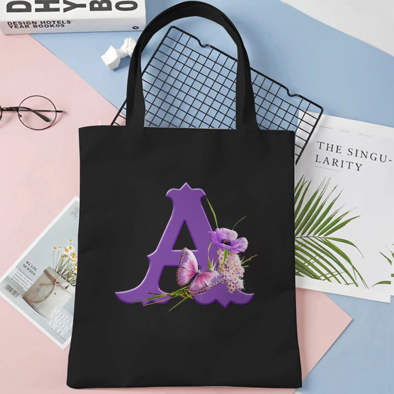 Alphabet Tote Bag 26 Women Team Bride Party Canvas Butterfly Flowers Shopping Bags Purple Letters Teen Y2K Shoulder Handbags