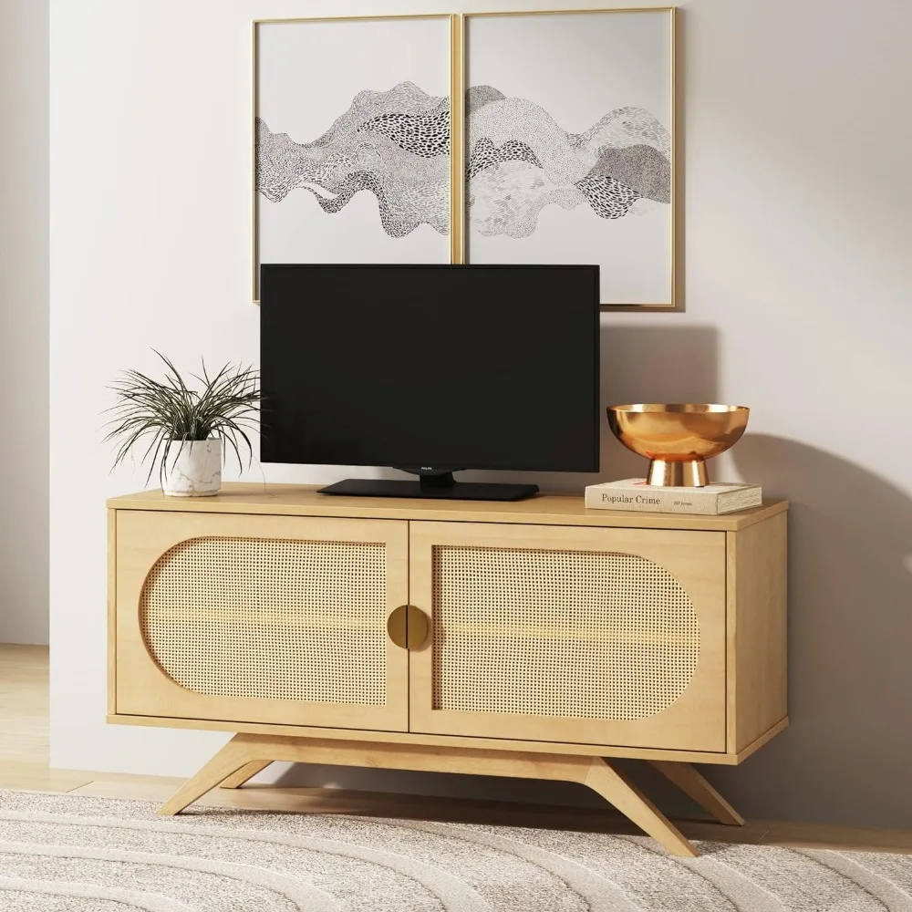 

Nathan James Logan Modern Rattan TV Stand Entertainment Cabinet, Console Wood Finish and Matte Accents with