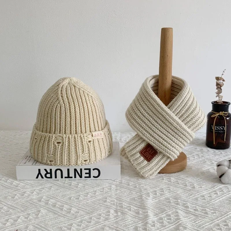Hats Boys and girls autumn and winter warm scarf two-piece thick windproof woolen hat