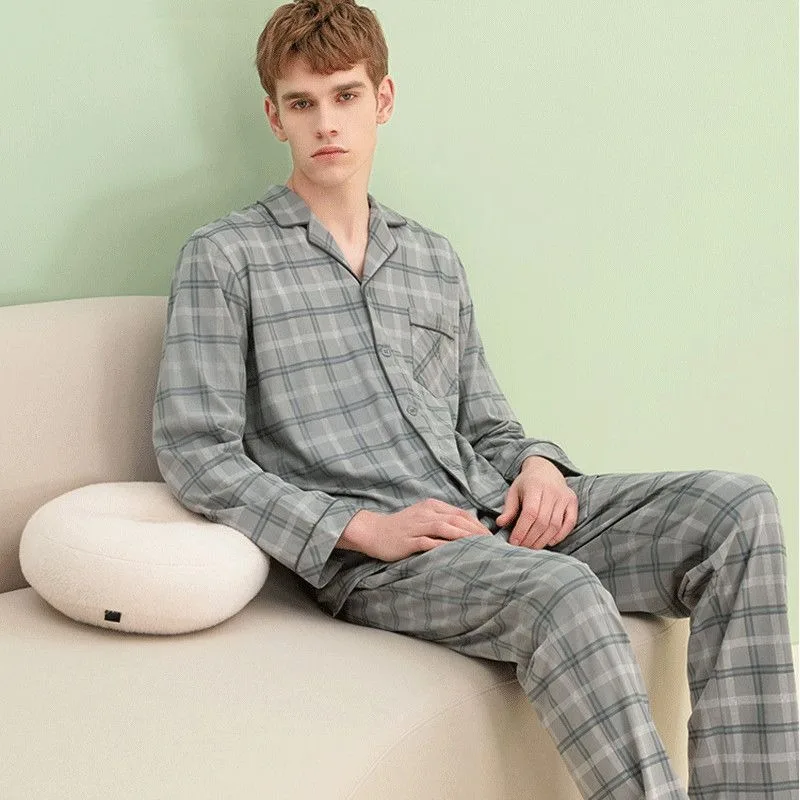 spring plus size pajamas men long sleeve cotton pyjamas lapel print sleepwear red plaid nightdress festive wedding home wear set 2024 Latest Spring Autumn Men Pajamas Cotton Long Sleeve Pyjamas Young Middle Age Large Size Sleepwear Lapel Check Home Wear Set