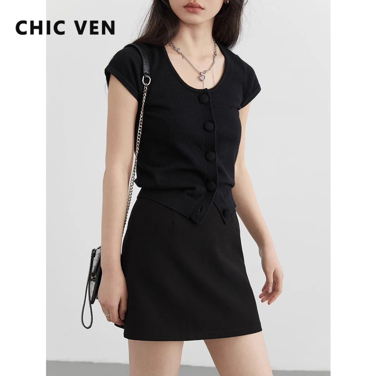 

CHIC VEN Women T-Shirts Solid Casual New O Neck Slim Short Sleeve Woman Tees Short Cardigan Female Top Spring Summer 2024