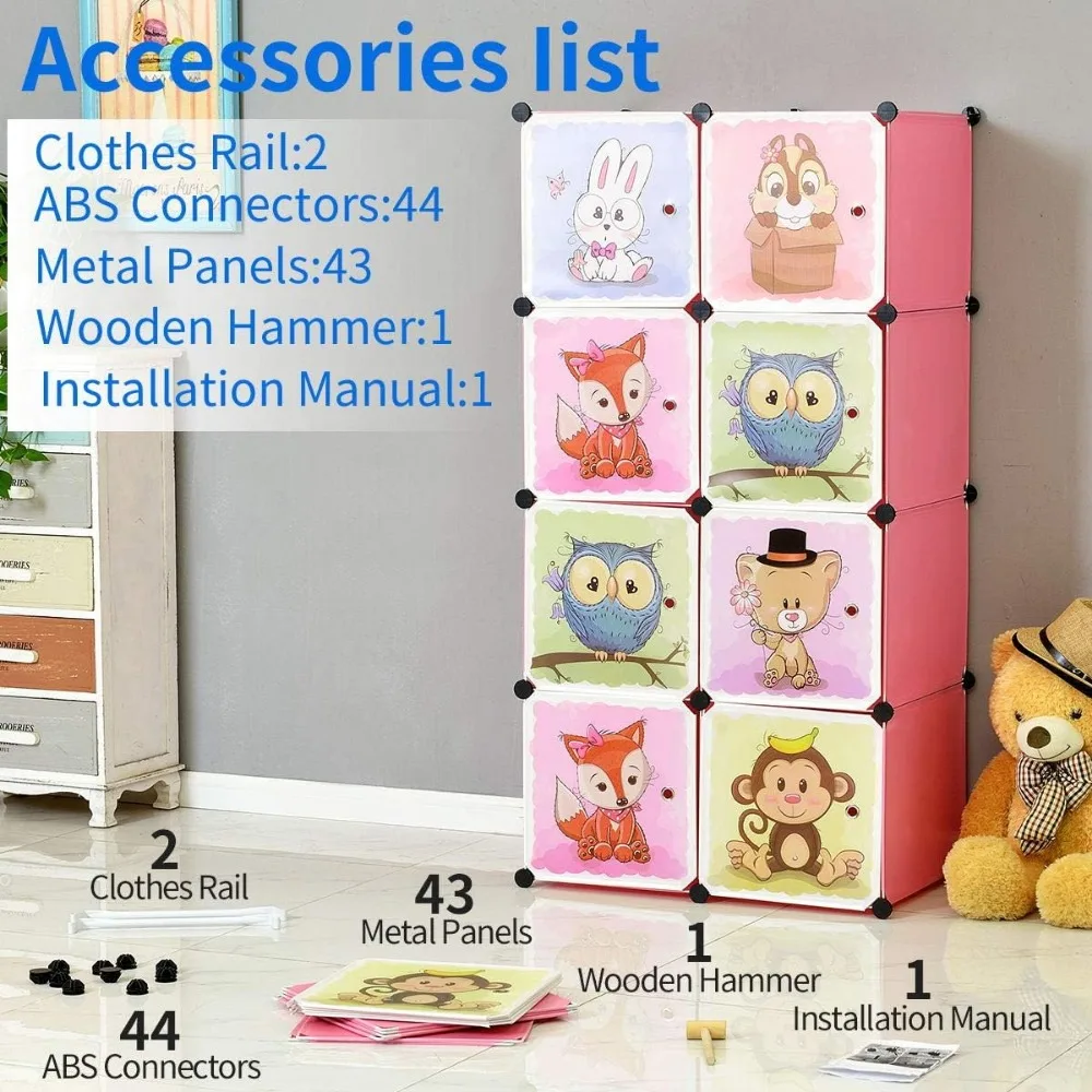 BRIAN&DANY Portable Cartoon Clothes Closet DIY Storage Organizer,Sturdy Safe Wardrobe Children Kids,8Cubes&2Hanging Sections 4