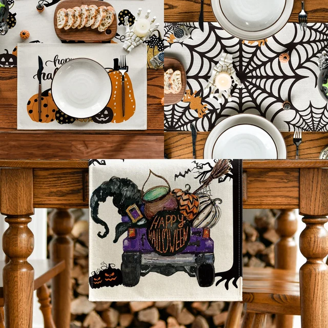 2023 Halloween Fiberflax Table Runner and Placemat Set - Washable Tablecloth with Pumpkin and Ghost Design for Dining Table Decoration - Image 6