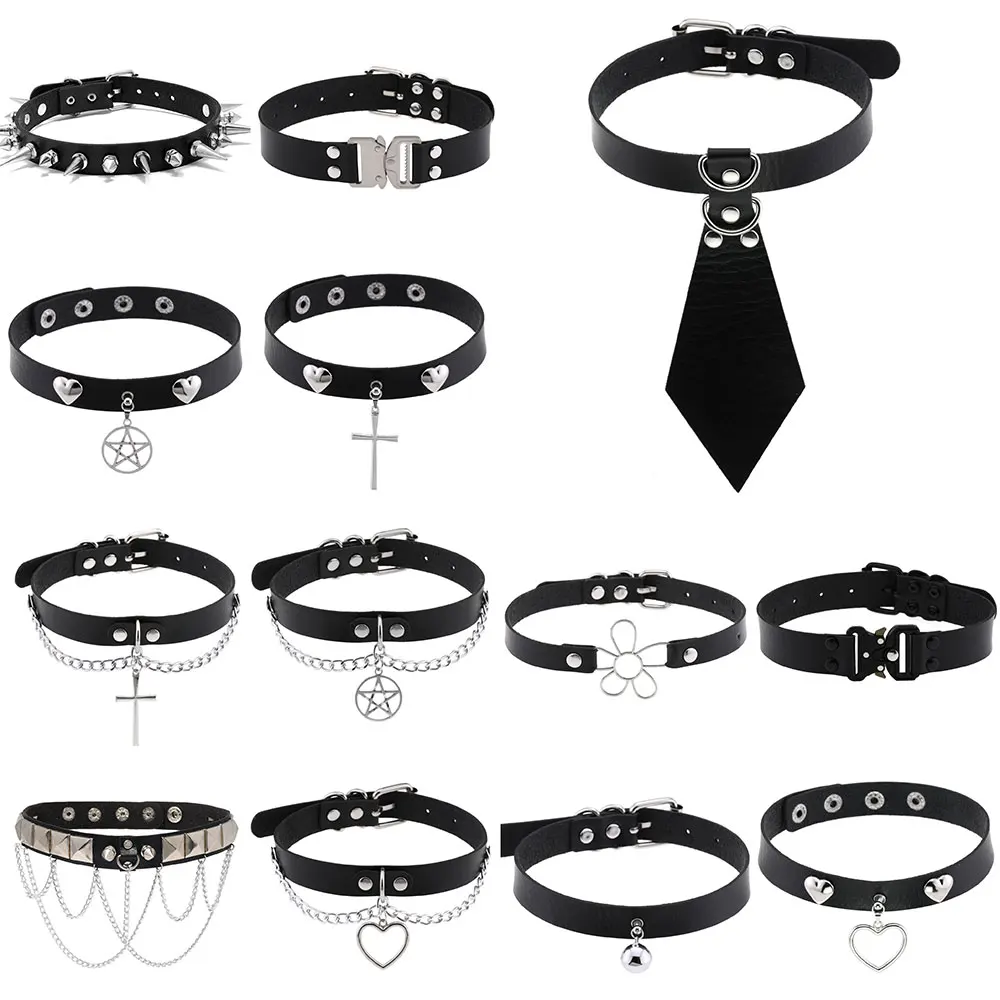 New Harajuku Black Goth Punk Leather Choker Necklaces Women Men Rock Metal  Emo Festival Cosplay Party