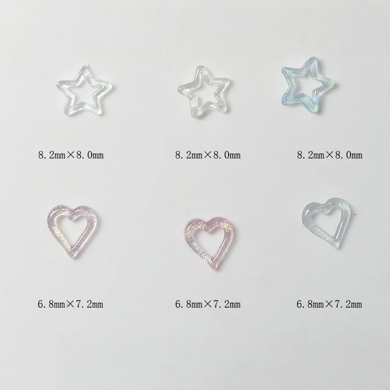 50Pcs 할로우 하트 오각형 네일 아트 매력 장식 부품 새로운 혼합 얼음 투명 러브 스타 3D 수지 네일 액세서리 DIY