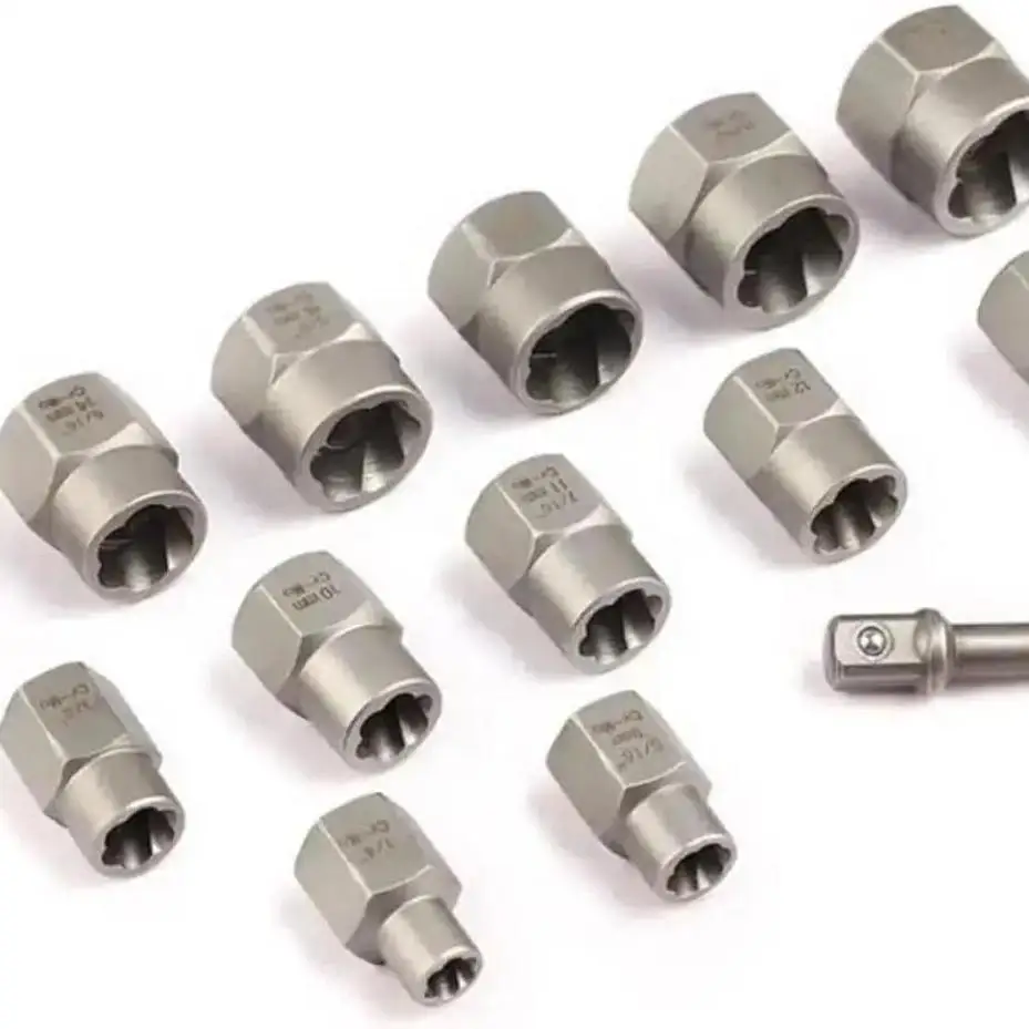 1 Set New 3/8” Drive Impact Bolt Nut Extractor Set 13 Pcs Lug Nut Remover Kit Twist Socket Tool Set With A 1/4” Hex Drive