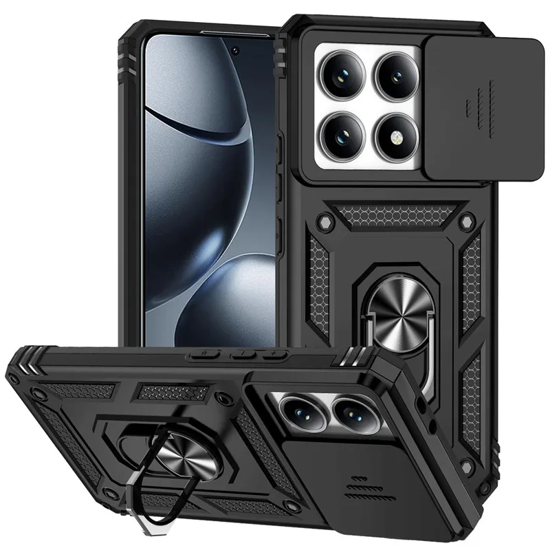 Durable Armor Protective Case with Slide Lens Cover and Ring Stand