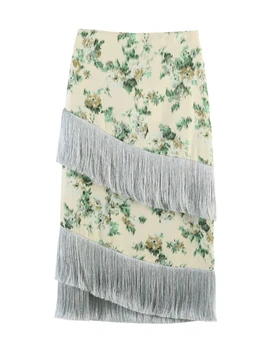 Gonna Midi Floreale con Frange da Donna, Elegante e Graziosa, con Stampa Floreale Pastello e Frange a Strati, Abito Primavera Estate 2026 per Appuntamenti