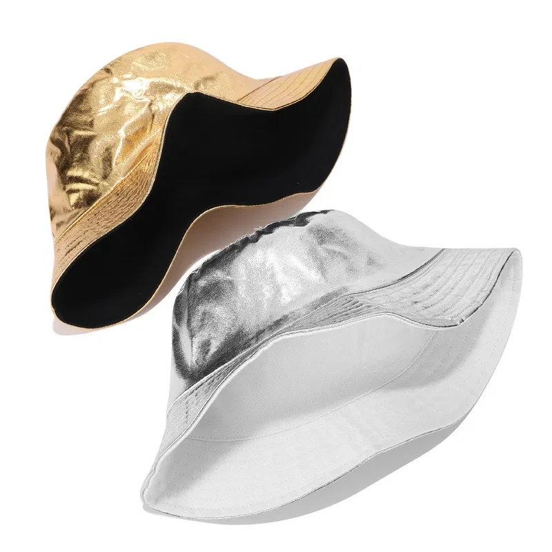 New Two-sided Golden Silver Foldable Bucket Hat Beach Sun Hat Street Headwear Fisherman Outdoor Cap Men and Woman Hip Hop Caps