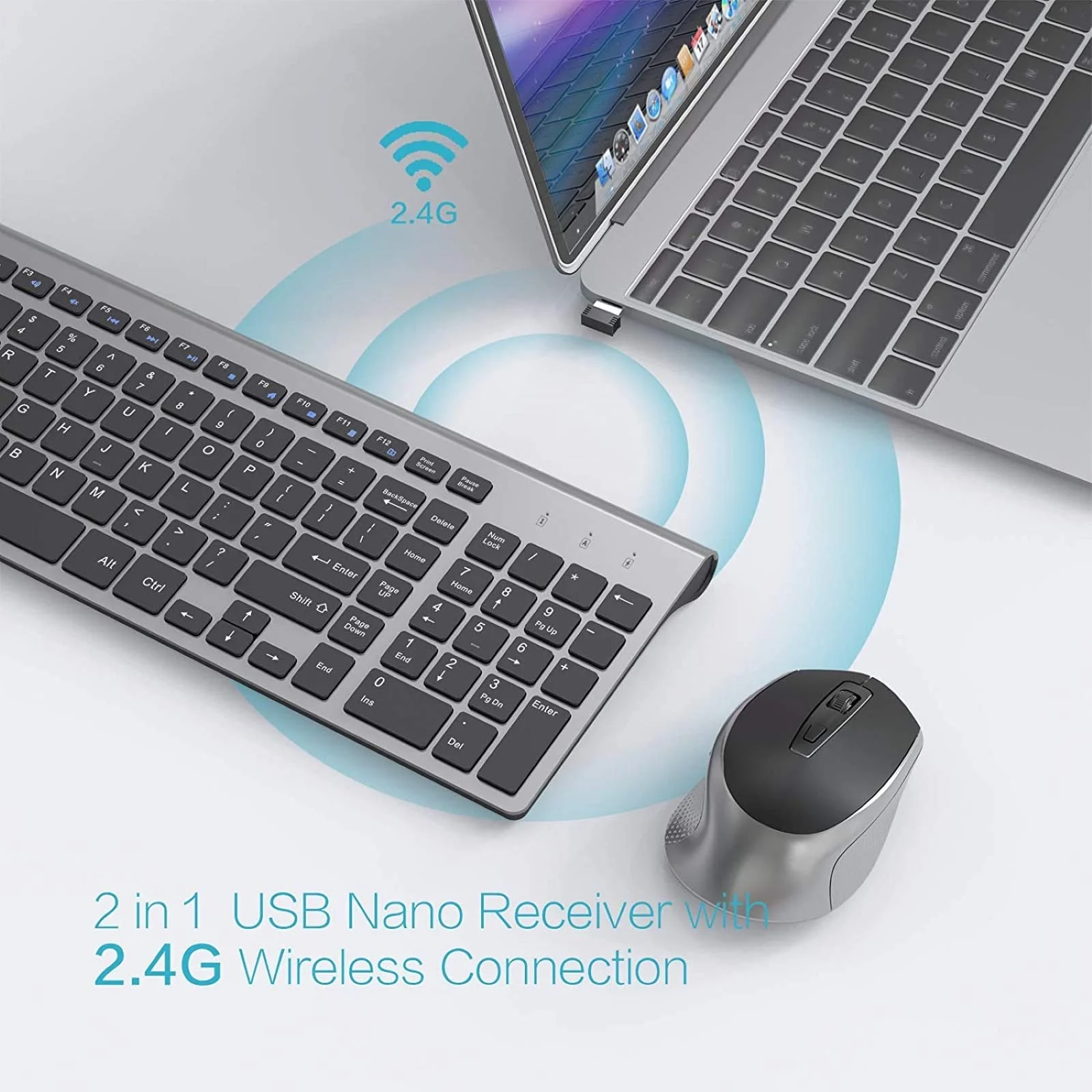 Teclado sem Fio Mouse Combo Eua. Layout2.4g Usb Compacto e Conveniente Fino Ergonômico Portátil Branco Prata - Imagem 5
