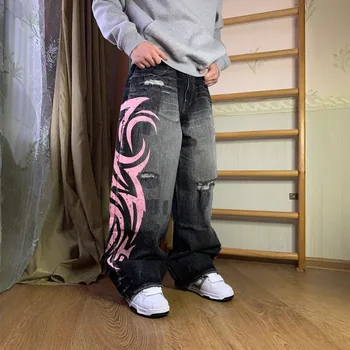 Y2K American Vintage Mottled Totem Print Baggy Jeans Women's High Waist Wide Leg Jeans Women's Trendy Hip-hop Jeans 1