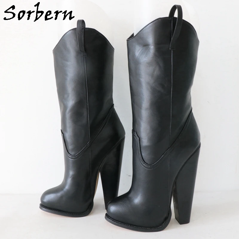 Sorbern 여성용 블랙 매트 와이드 앵클 부츠, 블록 하이힐 스틸레토, 귀여운 라운드 토, 숨겨진 플랫폼 슈즈, 슬립온 유니섹스 부티