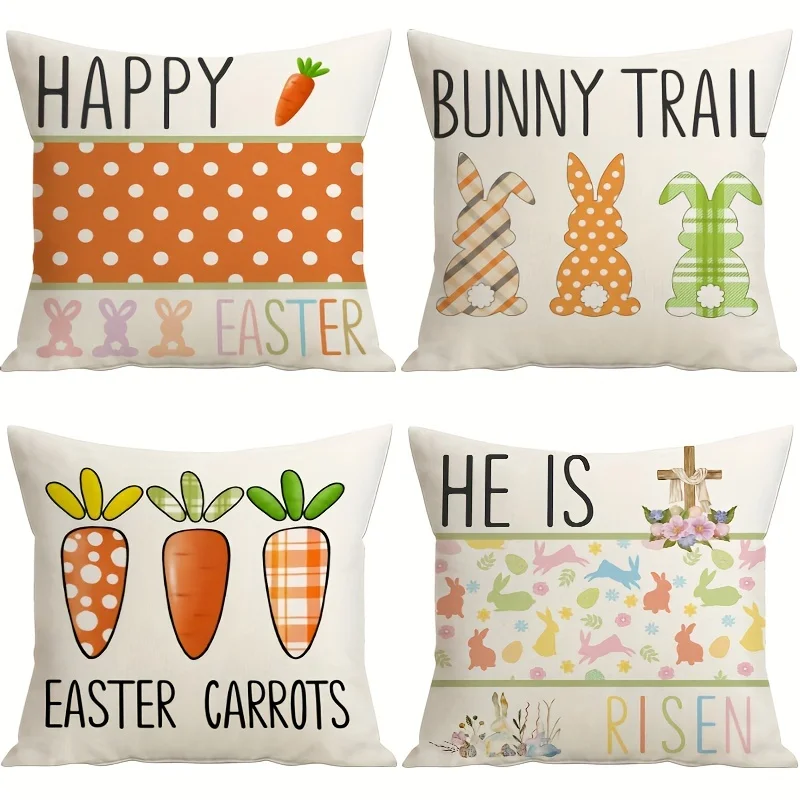 

4pcs Happy Easter Pillow Covers 18x18 Inch Hunny Bunny Hello Bunny Trail Decorative Cushion Covers Polka Dot Carrots Spring