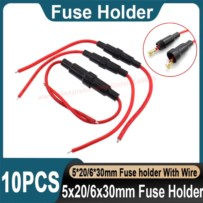 10Pcs 5*20mm 6*30mm Glass Fuse Holder With Leads For 5x20mm 6x30mm wire and cable 250V Glass Fuse Tube Fuse Box