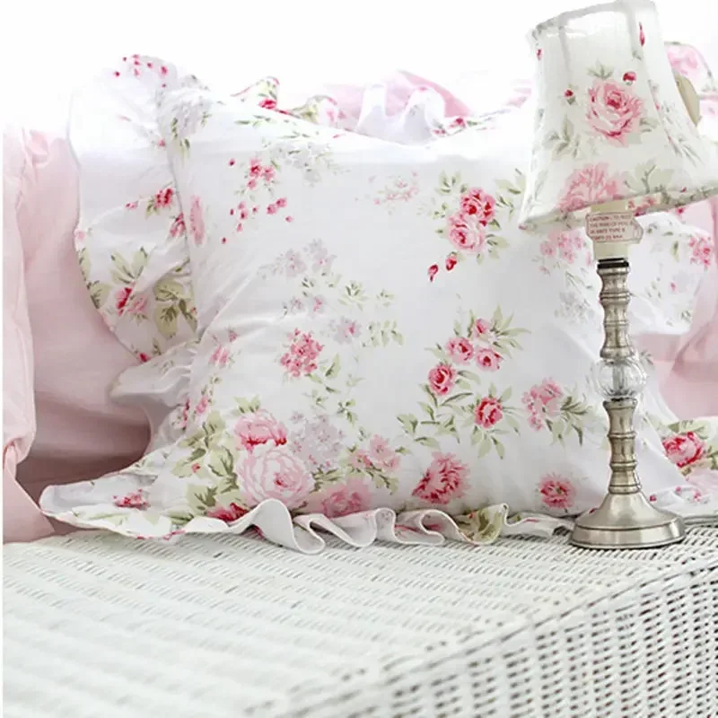 Pastoral Garden Rose Print Cushion Cover, Elegant Bedding Pillow Cover, Sofa Seat Cushion Case, Ruffle Decorative Covers