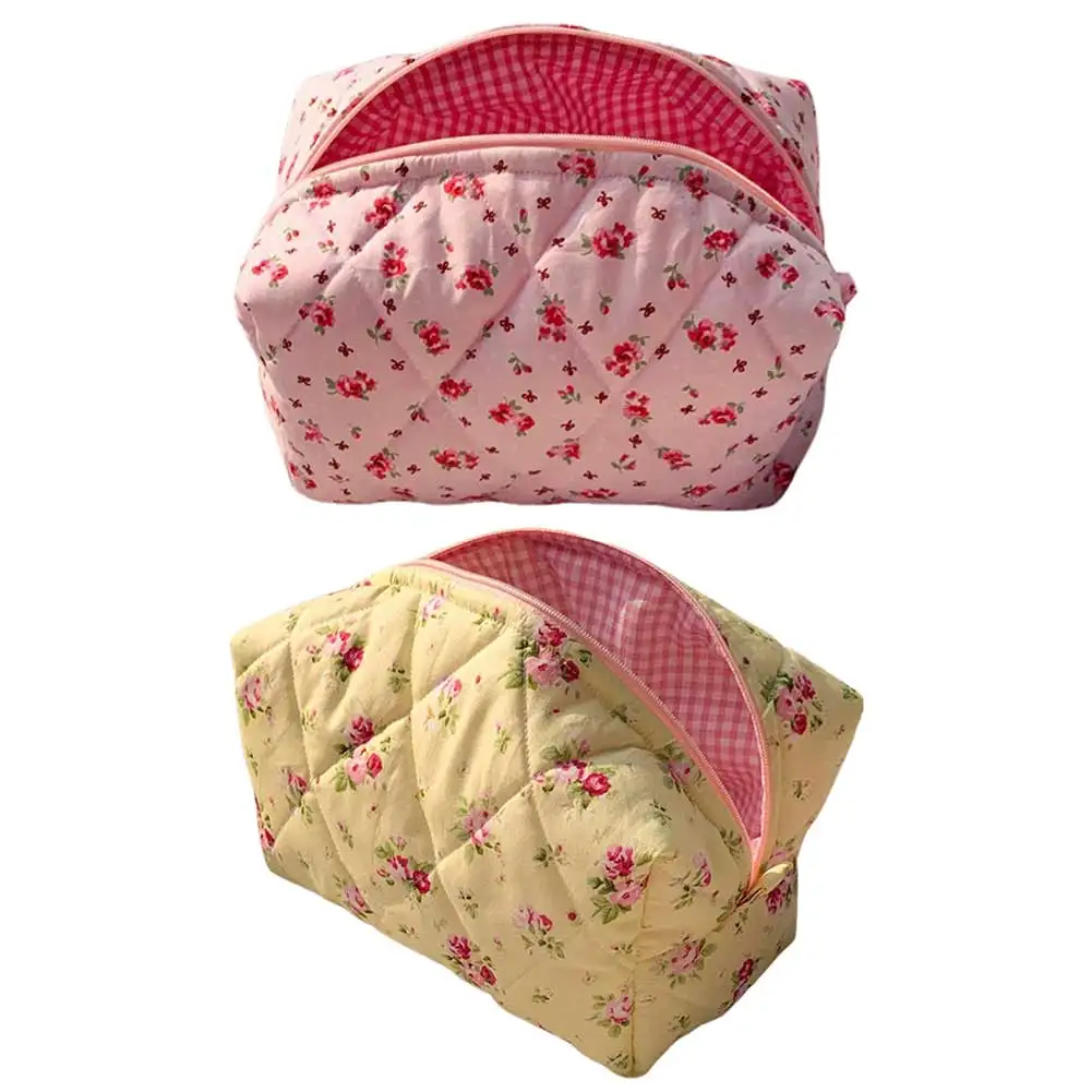 Saashi Vintage Pink Floral Women Cosmetic Large Capacity Toiletry Makeup Storage Quilted.