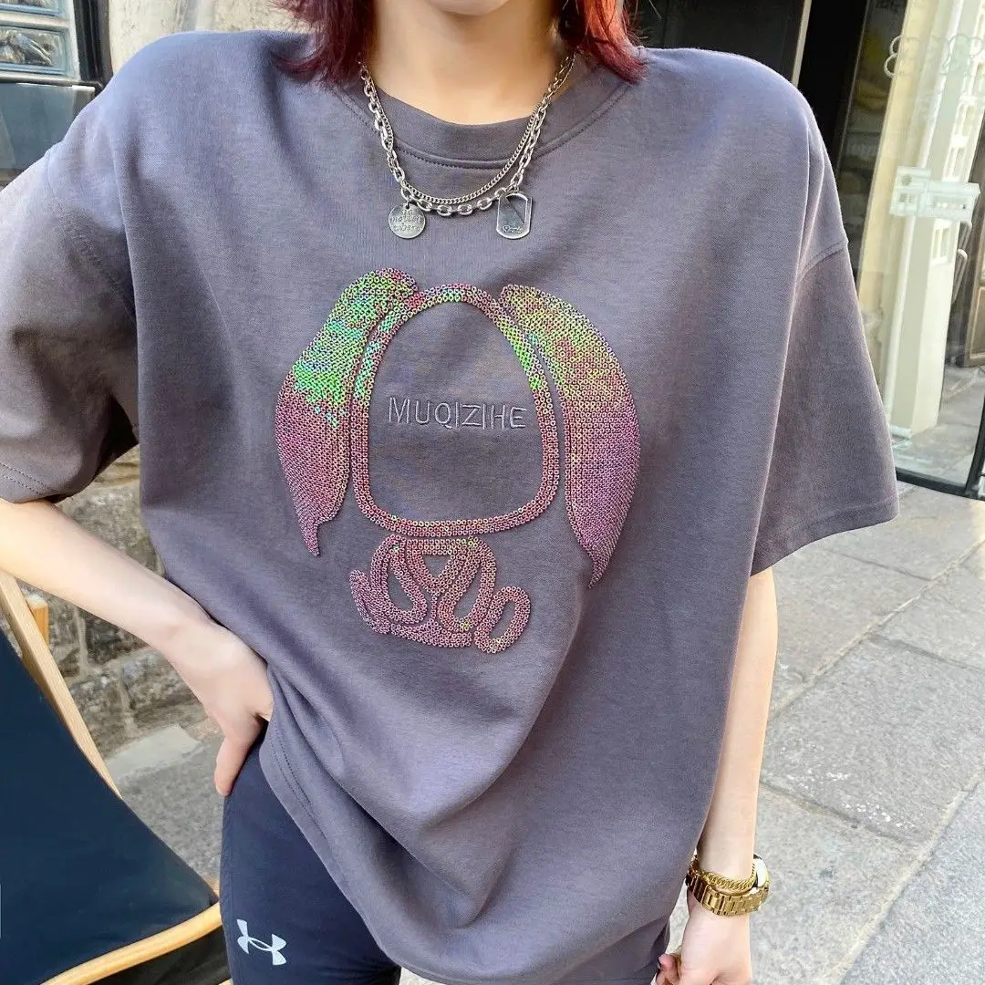 

Pure Cotton Summer New Sequined T-shirt Female 2023 Simple Youthful-Looking Versatile Loose Figure Flattering Short Sleeve Top