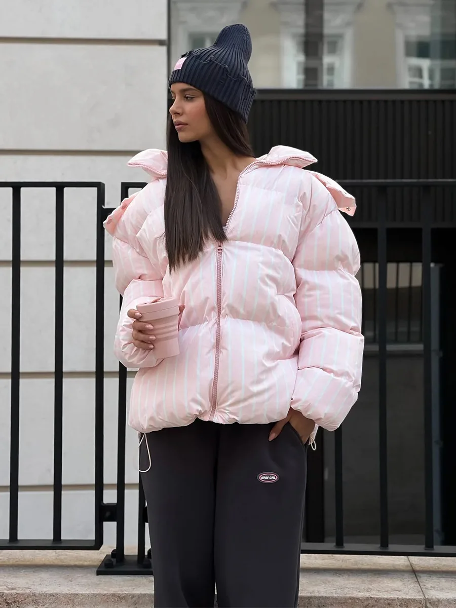 Bornladies Women's Winter New Striped Hooded Cotton Jacket Loose Fashion Personality Warm Cotton Coat Jacket Female Parkas