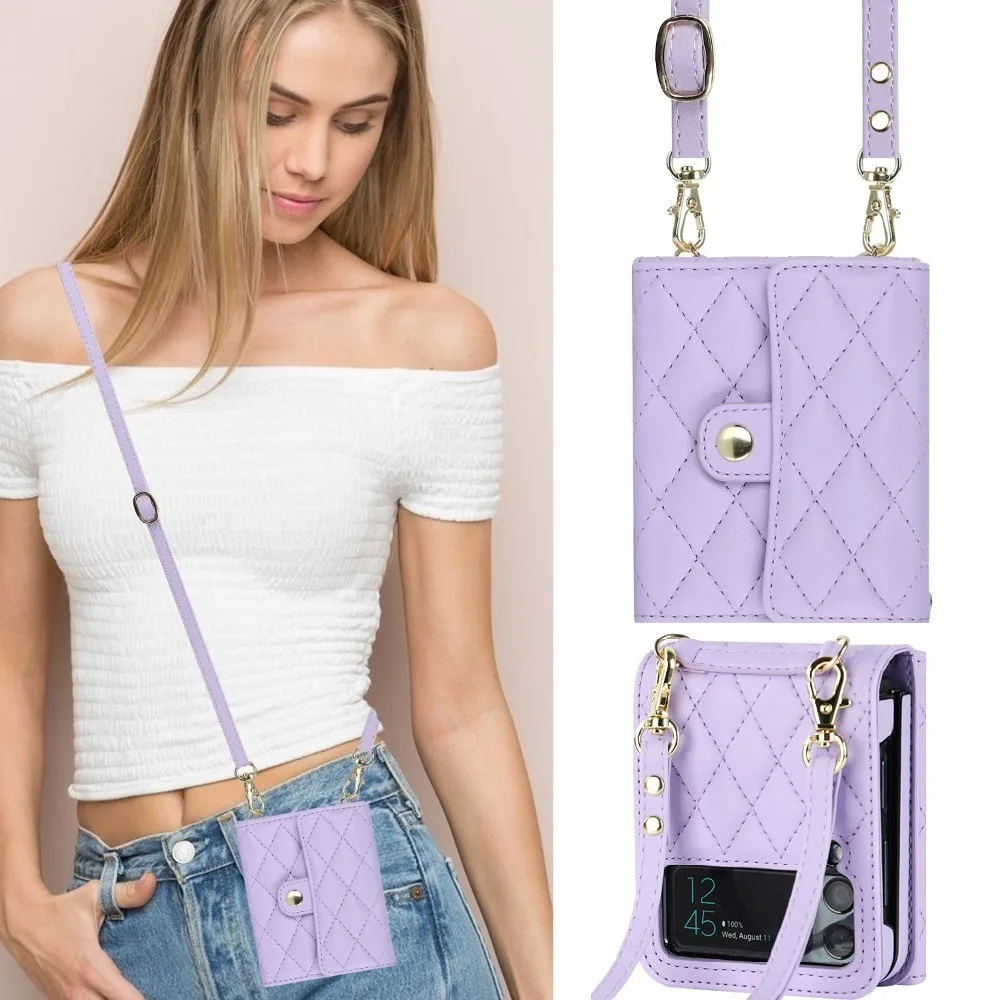 

Designer Shoulder Bag Phone Case for Samsung Z Flip 3 4 Case with Strap Luxury Card Wallet Case for Galaxy Z Flip 5 Case Cover
