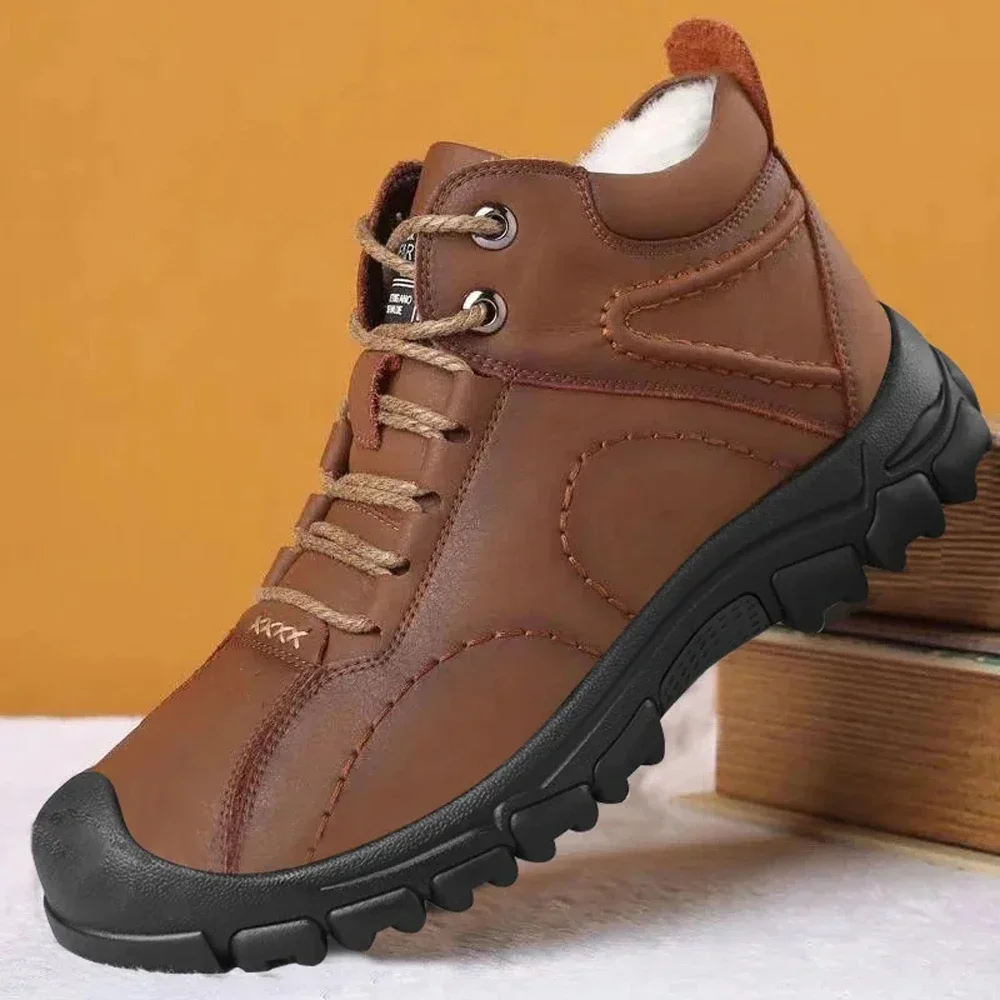 Men's Fall and Winter PU Leather Shoes Padded Thickened Waterproof Casual Men's High-top Shoes Outdoor Sports Snow Boots