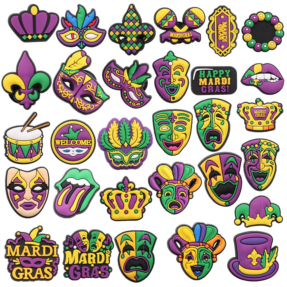 

Mix 50PCS PVC Shoe Charms Mask Bracelet Crown Lip Hat Happy Mardi Gras Welcome Buckle Clog Garden Shoes Button Decoration