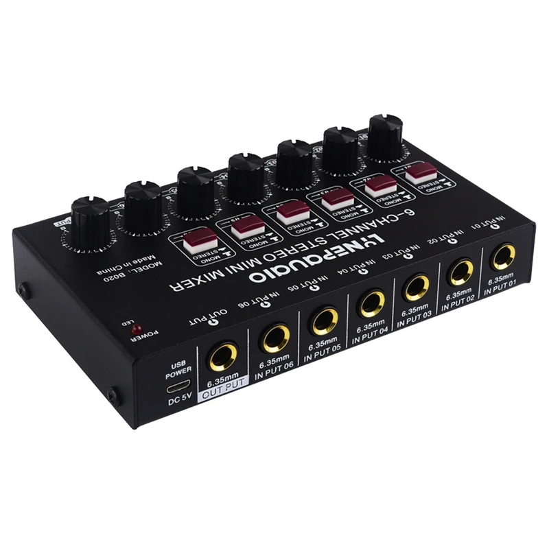 

Mini 6-Channel Stereo Audio Mixer Musical Instrument Mixer Electric Wind/Electric Guitar/Electronic Piano/Drums Mixer