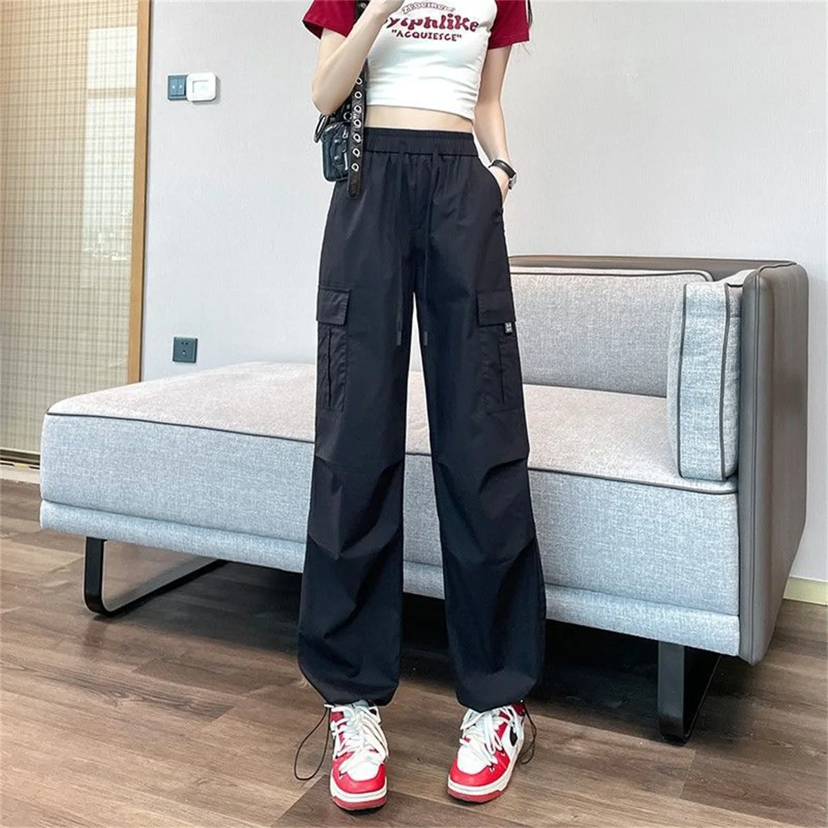 Green Women Tech Pants Drawstring Black Low Waist Wide Leg Trousers Oversized Sweatpant Baggy Joggers Streetwear Cargo Pant 2