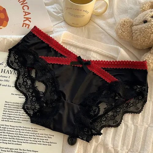 Satin Panelled Lace Briefs Sexy Women's Underwear Low-rise Panties Soft Briefs Comfortable Lingerie Трусы Женские - Image 2