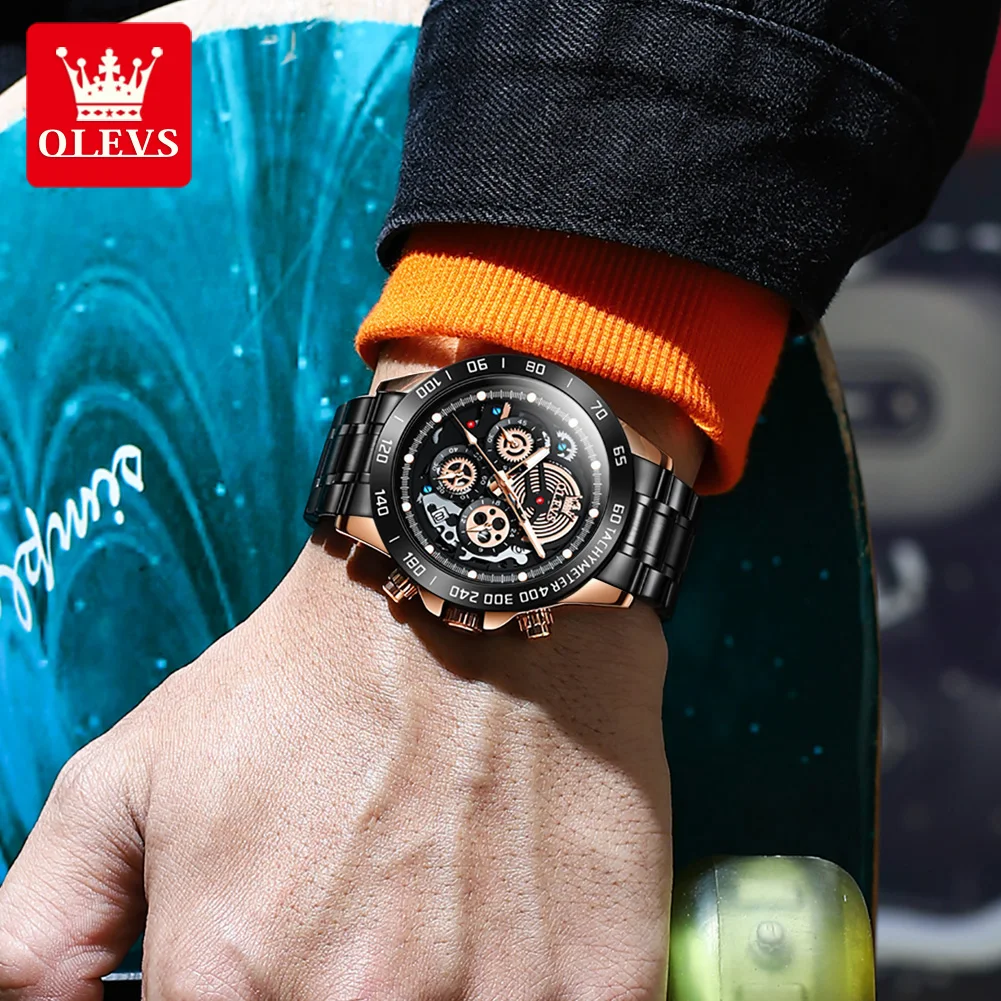 OLEVS New Skeleton Design Quartz Watch for Men Stainless Steel Chronograph 24 Hours Sports Mens Watches Top Brand Luxury Watch