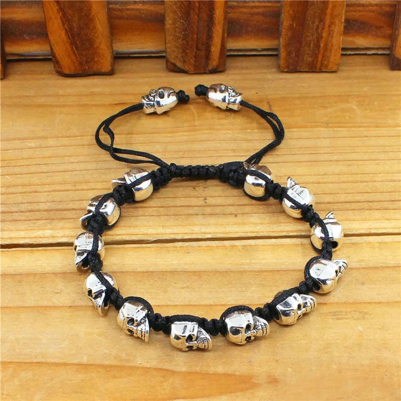 Smile Skull Skeleton Bead Bracelets Strand Vintage Boho Antique Silver Plated Handmade Rope Woven Jewelry silver plated bracelet,beaded bracelet,silver bracelet,string bracelets