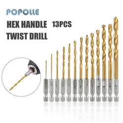 Ensemble de 13 forets hélicoïdaux à tige de 1.5 à 6.5mm, en acier rapide, titane plaqué, mèche hélicoïdale de 6.35mm, accessoires pour outils électriques 