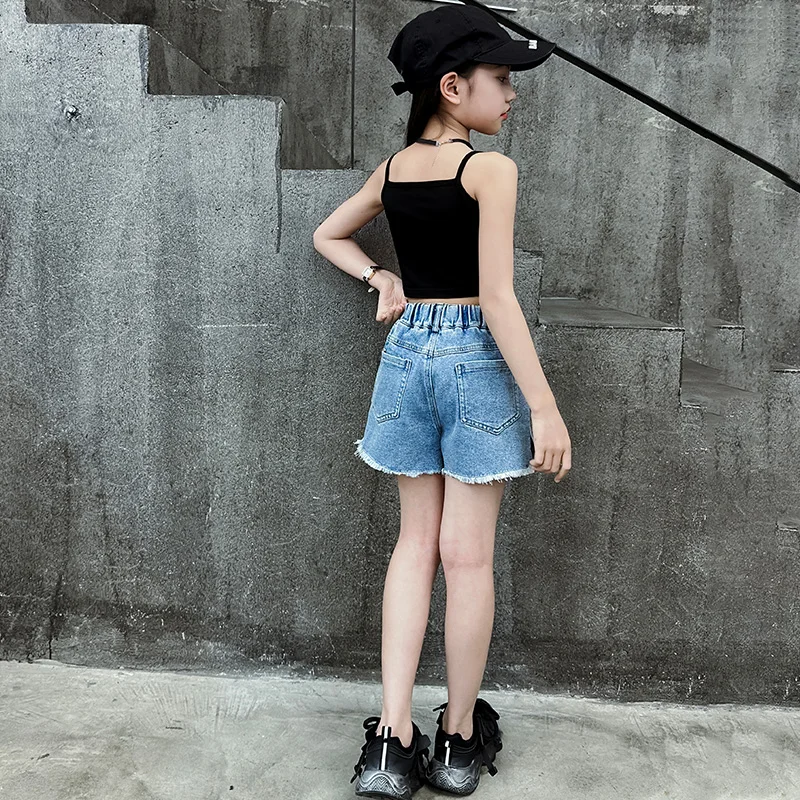 어린이 캐주얼 데님 반바지, 하이 웨이스트 밴드 디자인, 외부 주머니, 여름 아동복, 여아 청바지, 짧은 바지 세트