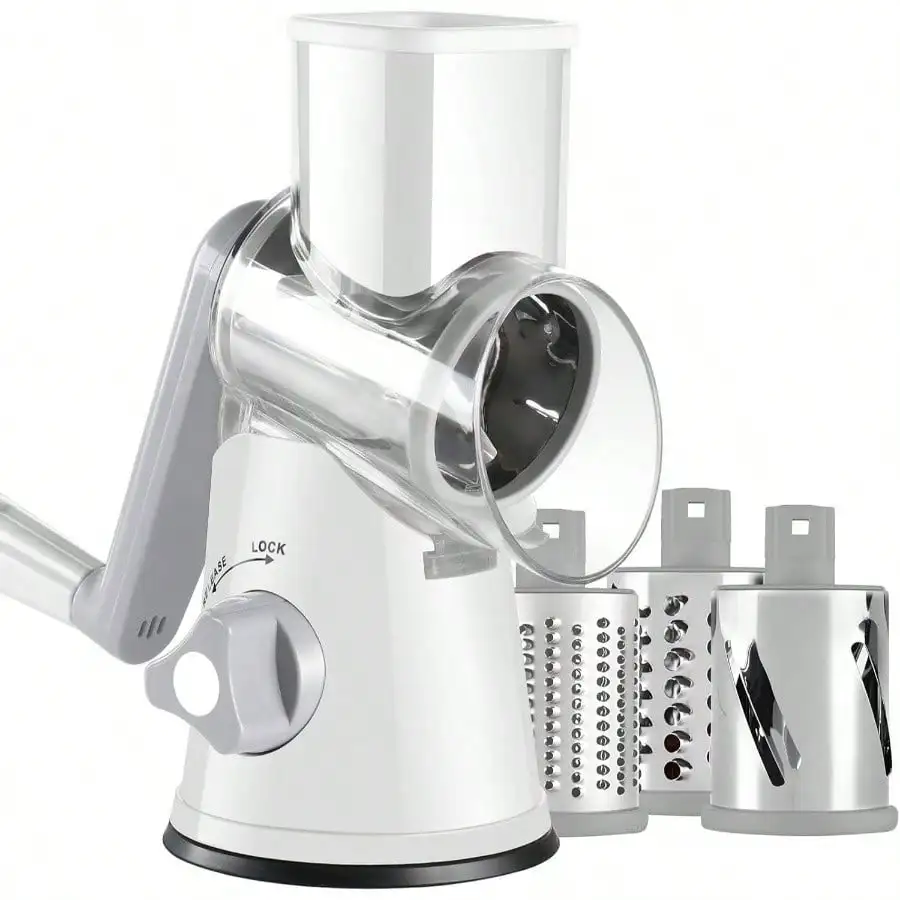 Manual Rotary Cheese Grater, Kitchen Vegetable Slicer and Nut Grinder, Hand Crank Potato Shredder with 3 Replaceable Drum Blades