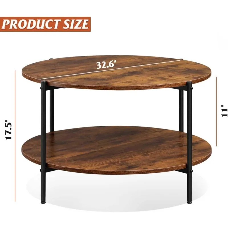 Round Coffee Table, 32.6" Small Coffee Table with Open Storage Shelf, 2-Tier Industrial Circle Wood Center Table 3