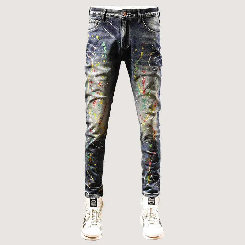 Fashion Streetwear Men Jeans Retro Blue Elastic Slim Fit Vintage Ripped Jeans Men Painted Designer Hip Hop Denim Pants Hombre american street fashion men jeans retro light blue elastic slim ripped jeans patches painted designer hip hop denim punk pants