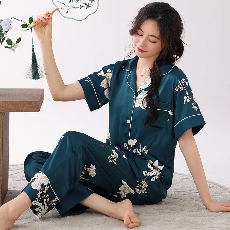 Spring Summer Women's Thin Ice Silk Pajamas Short Sleeve Pants Oversized Loose Home Clothing Set Sweet Luxury Sleepwear