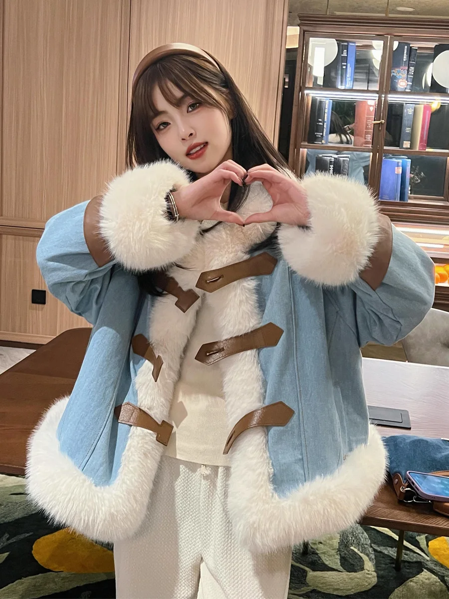 

Fur coat women's new denim splicing fur coat fox fur fur one furry lamb hair