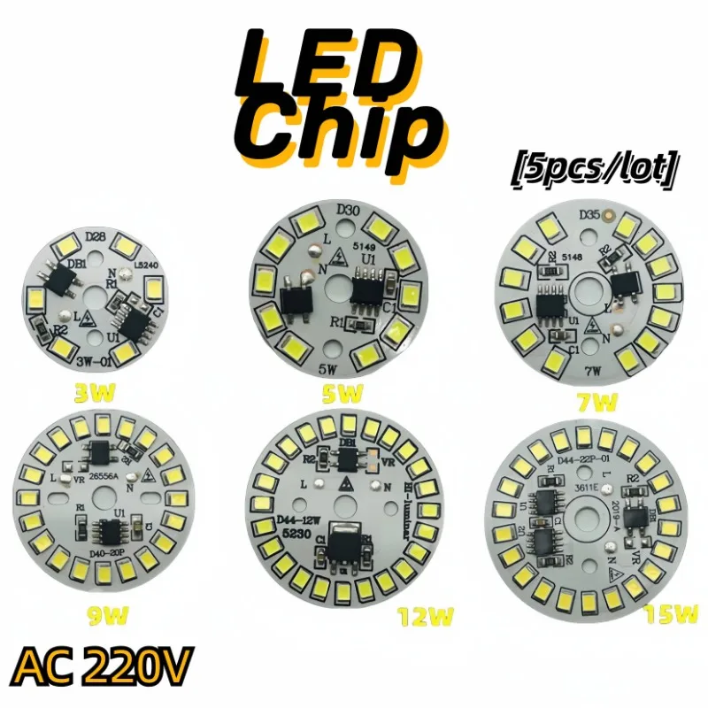 

LED Chip Pod for Lamp Bulb 3W 5W 7W 9W 12W 15W 2835 Led SMD Round Lighting Spotlight Bulb Chip Light Beads AC 220V 5pcs/lot