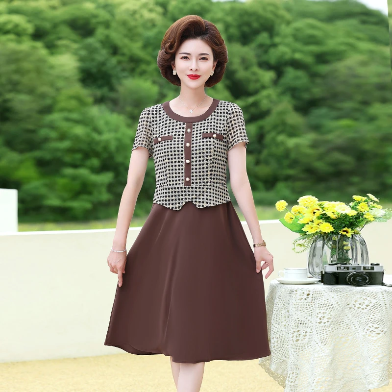 

Women's Dress Summer Middle-Aged Mother Short Sleeve Check Patchwork Pleated Elegant office Ladies Vestido