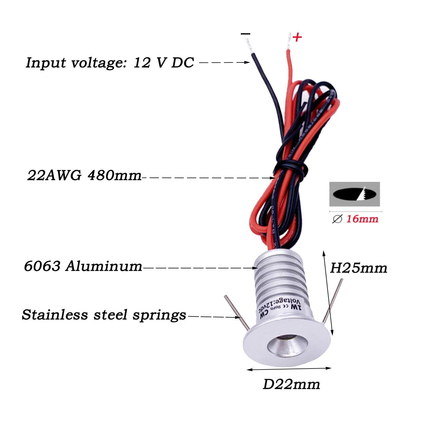 Indoor IP65 Recessed LED 1W Downlight, 12V Spotlight, Suitable for Ceiling/Stairwell/Hallway/Cabinet Lighting (Driver Included) - 6