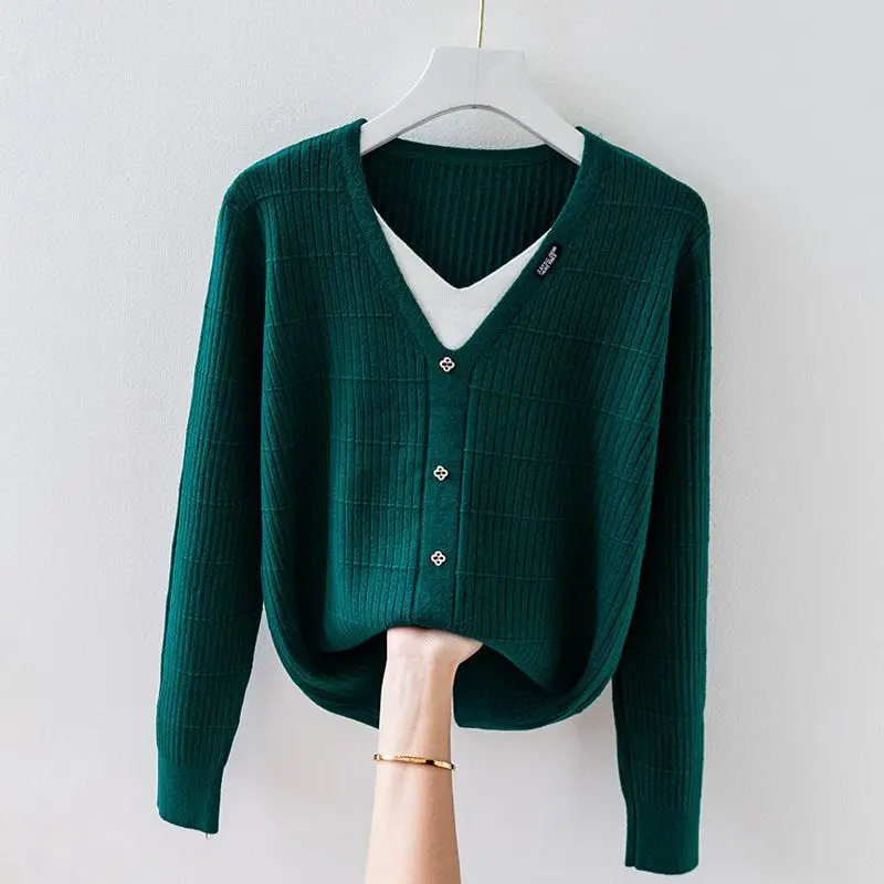 여성용 솔리드 올매치 니트 스웨터, 긴팔 V넥 슬림 탄성 보터밍 캐주얼 한국 풀오버, 봄 가을 패션, 5XL 