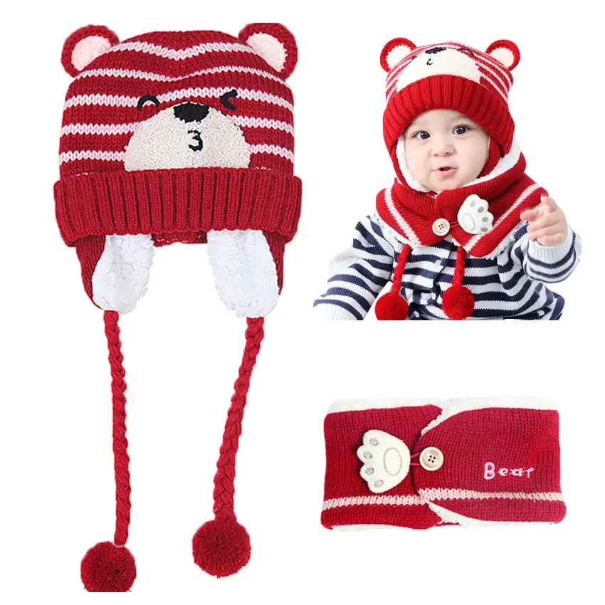 Unisex Kids Cartoon Bear Stripe Hats And Scarf Baby Cap Set Girl Boy Cap Scarf Set Child Winter Earmuffs Hat Warm Suit