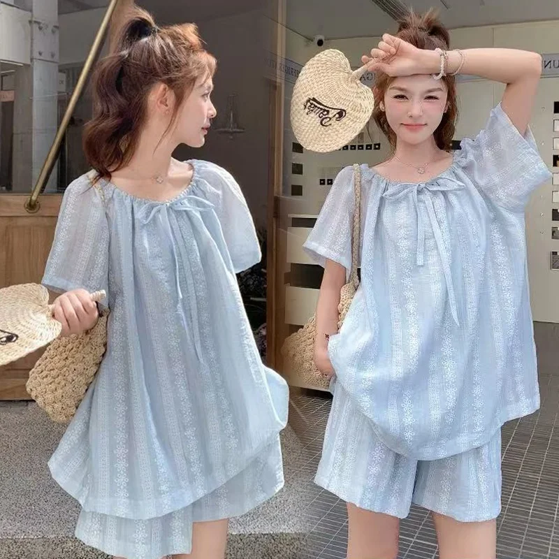 여름 신상 블루 루즈핏 민소매 임부복 세트 캐주얼 패션 아우터웨어 얇은 시폰 소재의 임산부용 투피스 세트