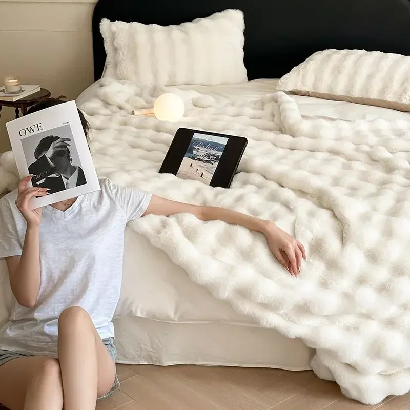 

Korean Light Luxury Premium Fur Rabbit Plush Double Layer Thickened Office Nap Blanket Sofa Cover Winter Blanket